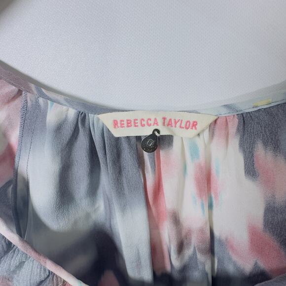 Rebecca Taylor Silk Floral Ruffle Hem Dress Gray Pink Tie Waist Long Sleeve 100% - Picture 12 of 15